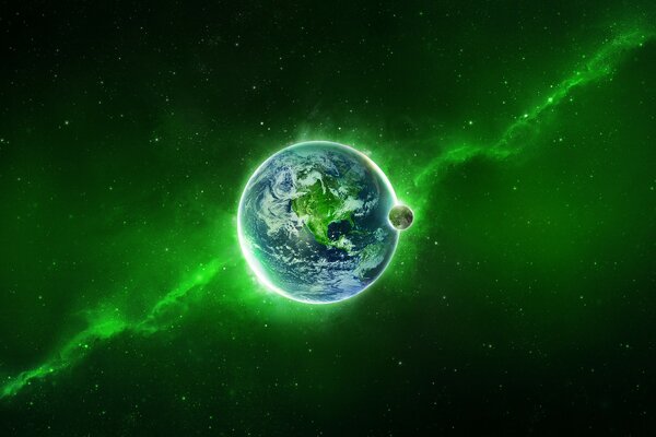 The earth against the background of a magical green glow