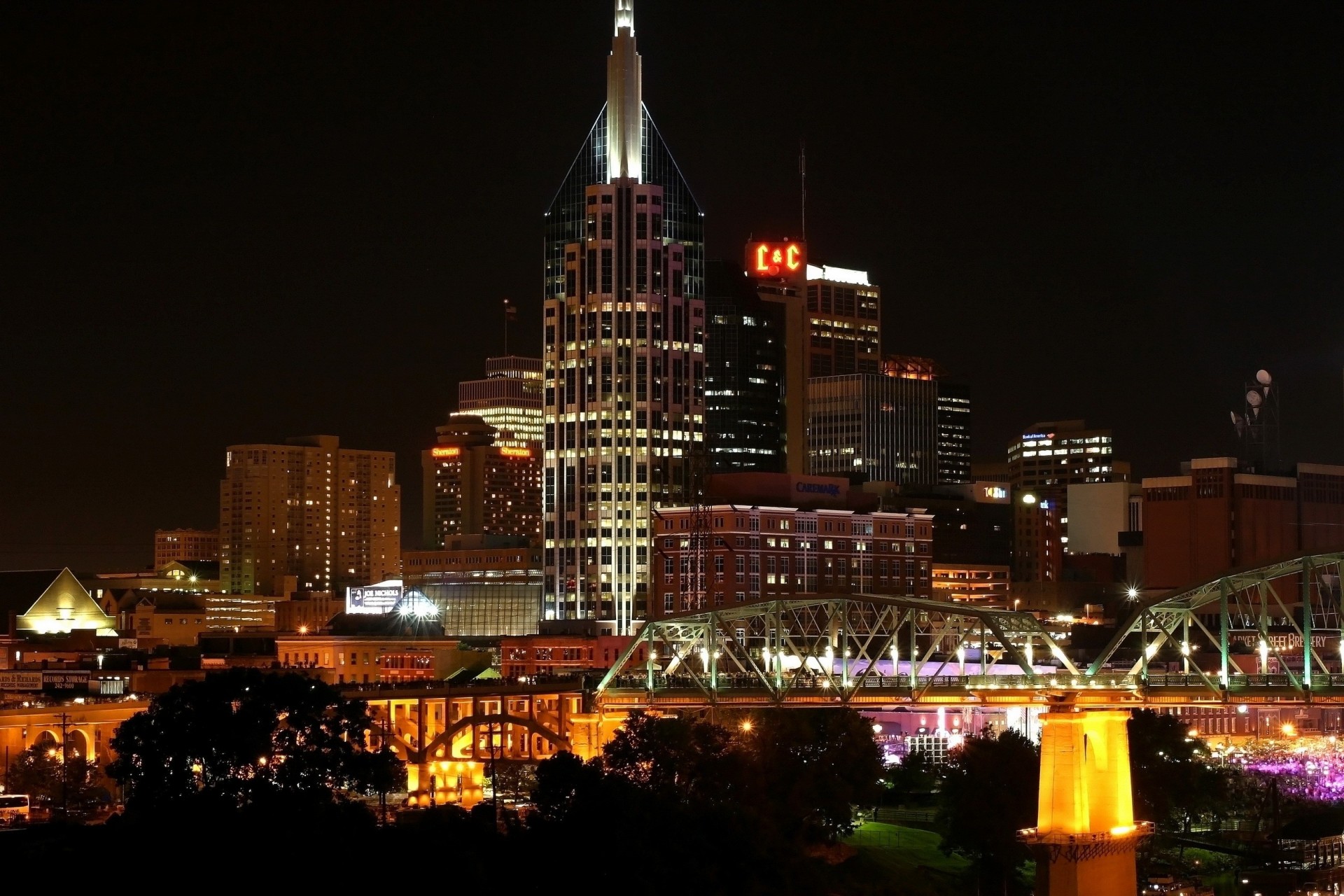 lichter nacht bäume usa brücke stadt städte häuser