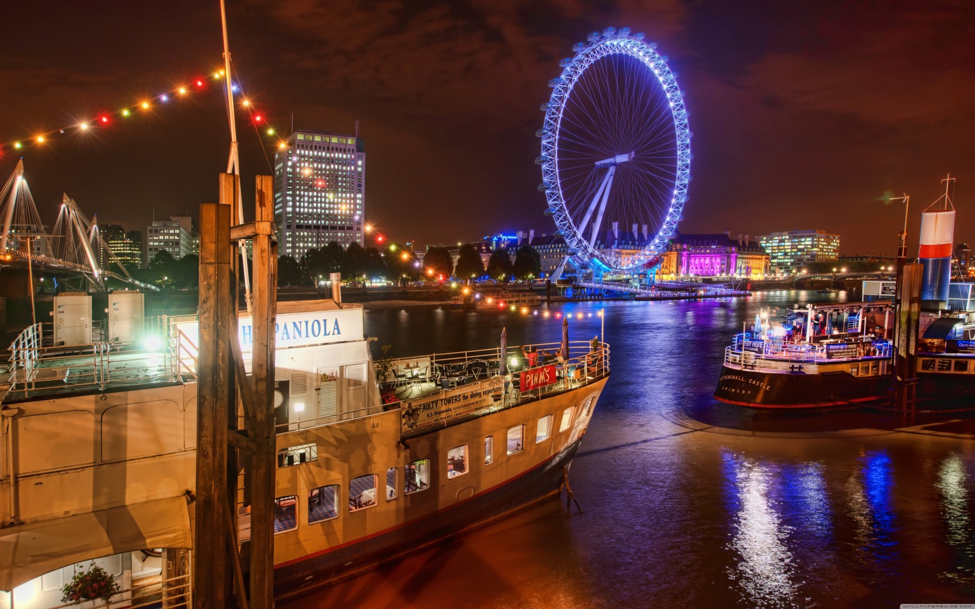 london eye łodzie thames panorama anglia noc rzeka londyn reflektory