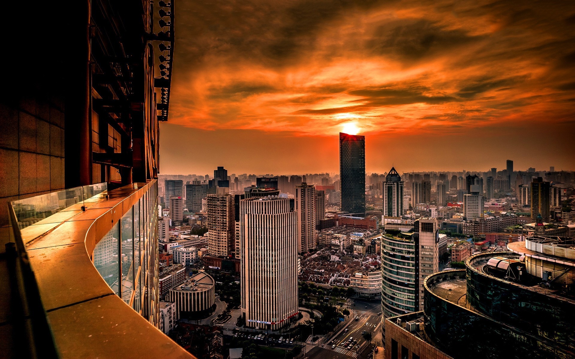 tramonto cina alberi shanghai città notte costruzione