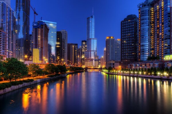 High-rise buildings of Chicago at night