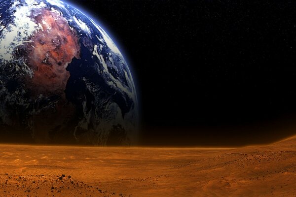 Blick von der Oberfläche des Mars auf den Planeten Erde