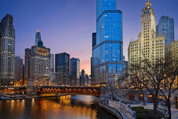 Vista del parque de Chicago en una noche de invierno