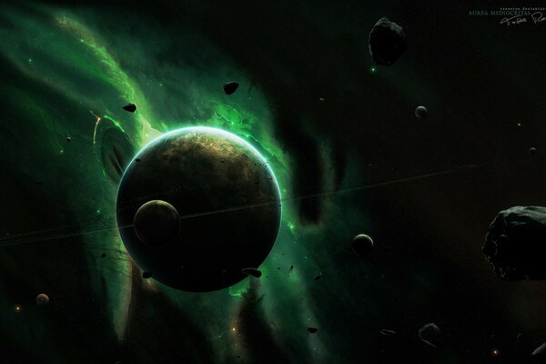 Planeta y asteroides en el fondo de un resplandor verde
