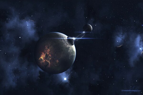 Вспышка между планетами в звездном пространстве