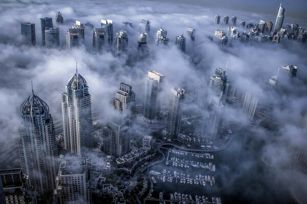 Skyscrapers in the fog in the Dubai Emirates