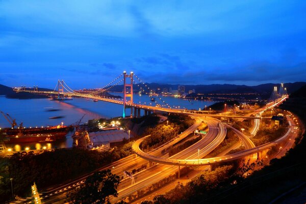 Bridge in Hong Kong city at night