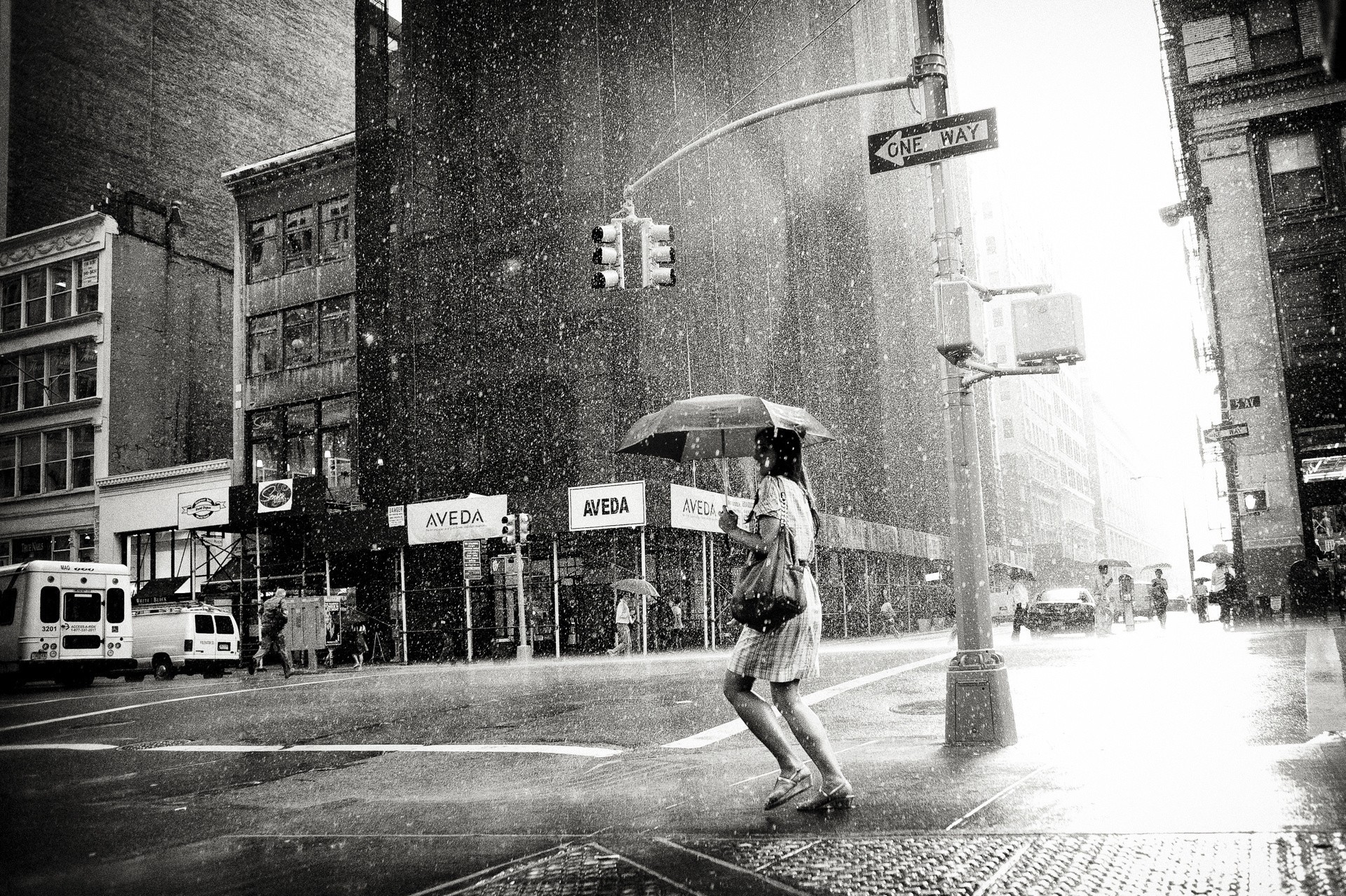 town rain weather black and white girl clear honto a woman