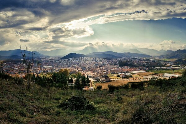 Top view of the city in a mountainous area