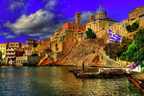 Beautiful sky over a fortress in one of the towns of Greece