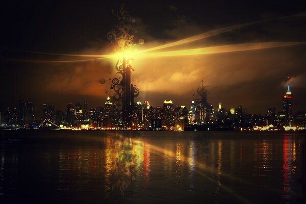 Сияние города в ночи отражение огней