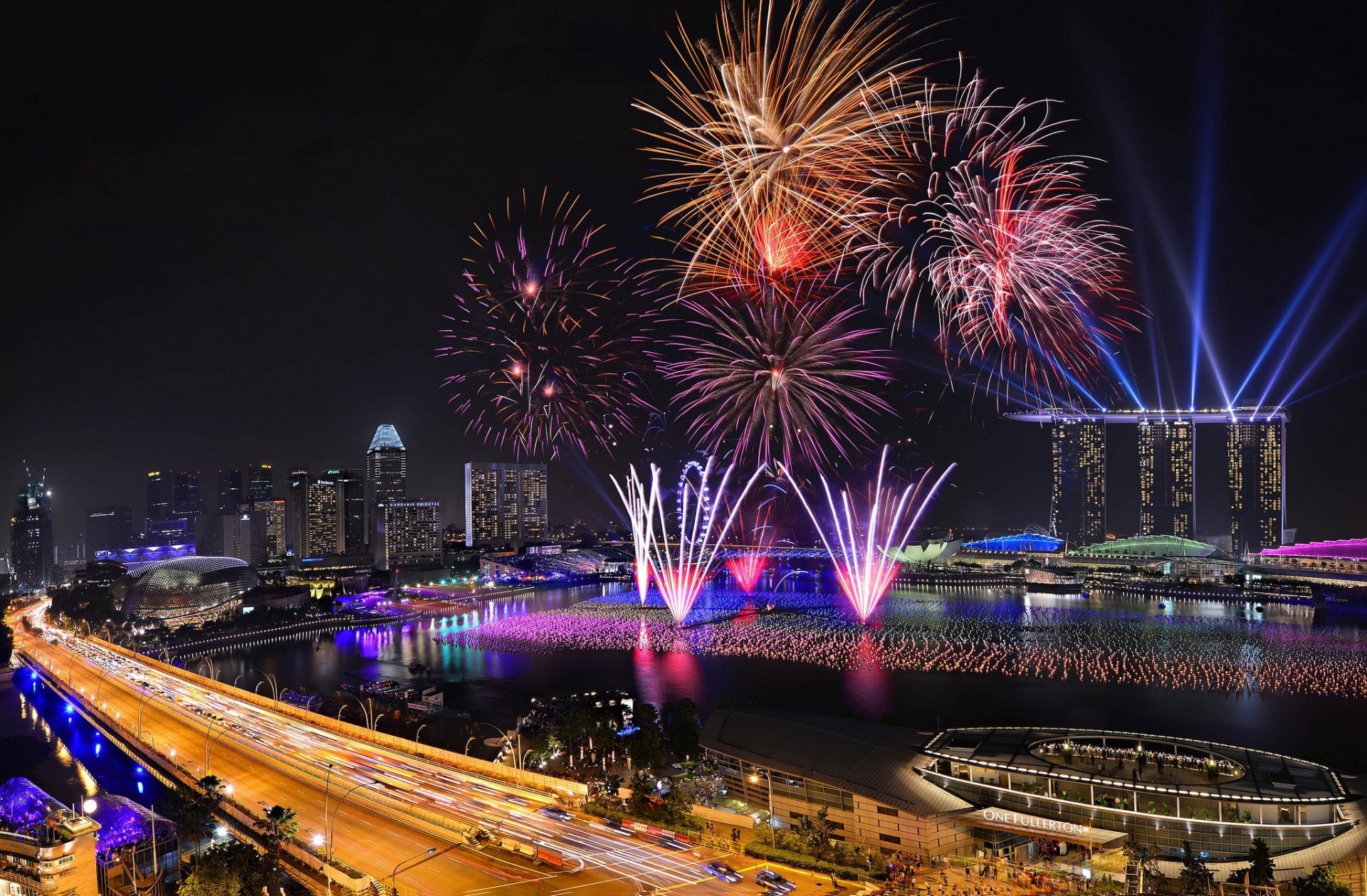 lumières nuit singapour ville feux d artifice nouvel an 2014