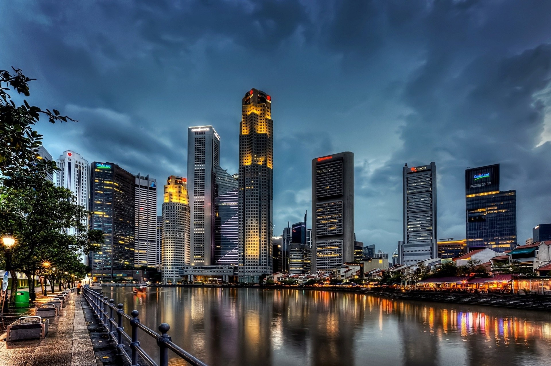 lichter wolken wolkenkratzer reflexion bäume singapur bucht stadt wasser nacht zuhause