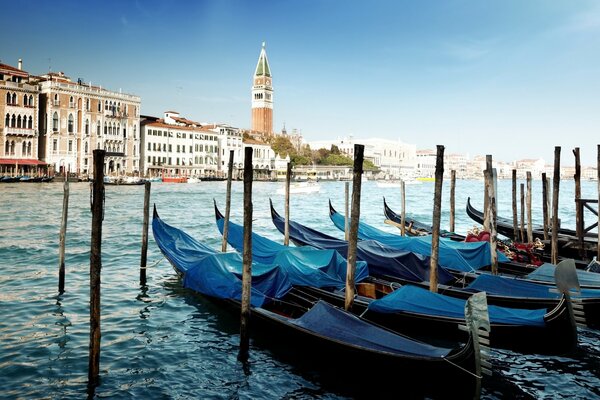 Góndolas azules en el canal de Venecia