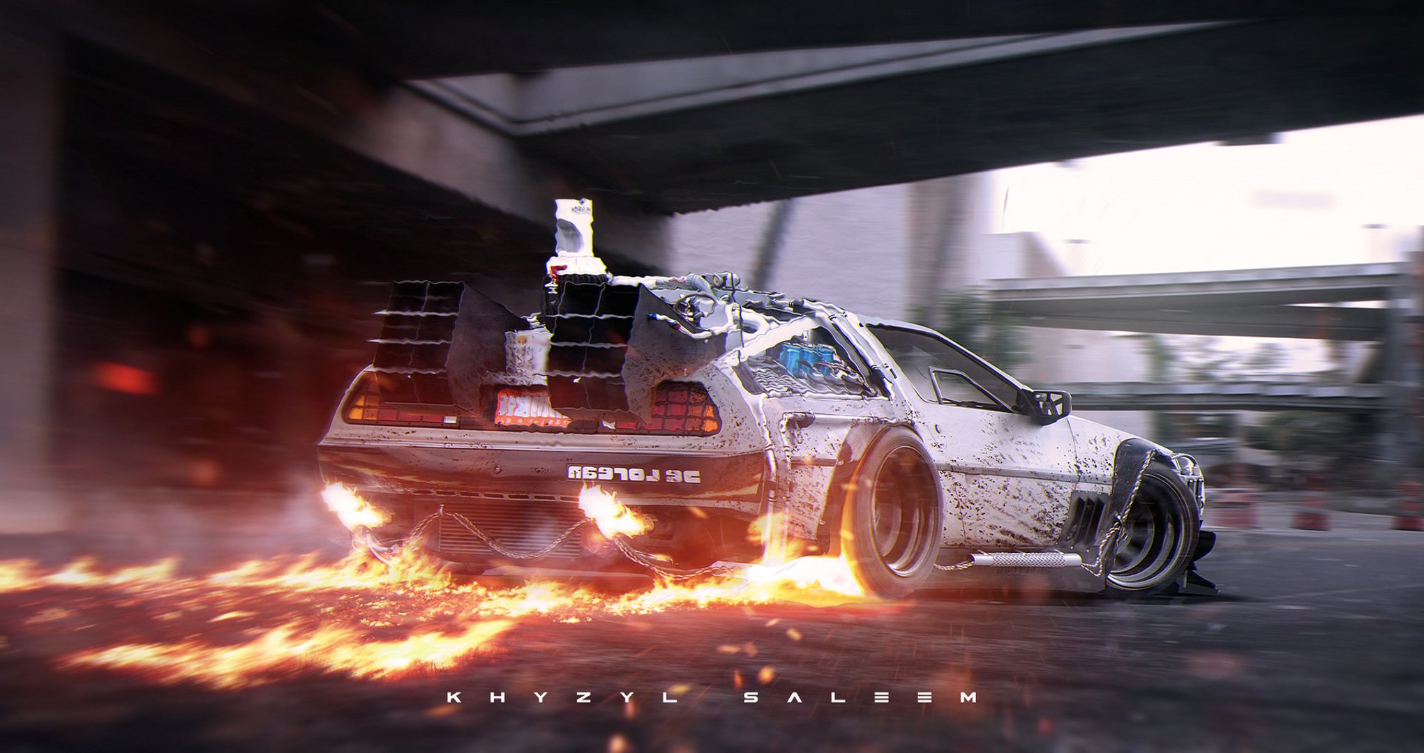 delorean dmc-12 silber von hinten zurück in die zukunft straße feuer photoshop digitale kunst khyzyl salim delorian silber flamme