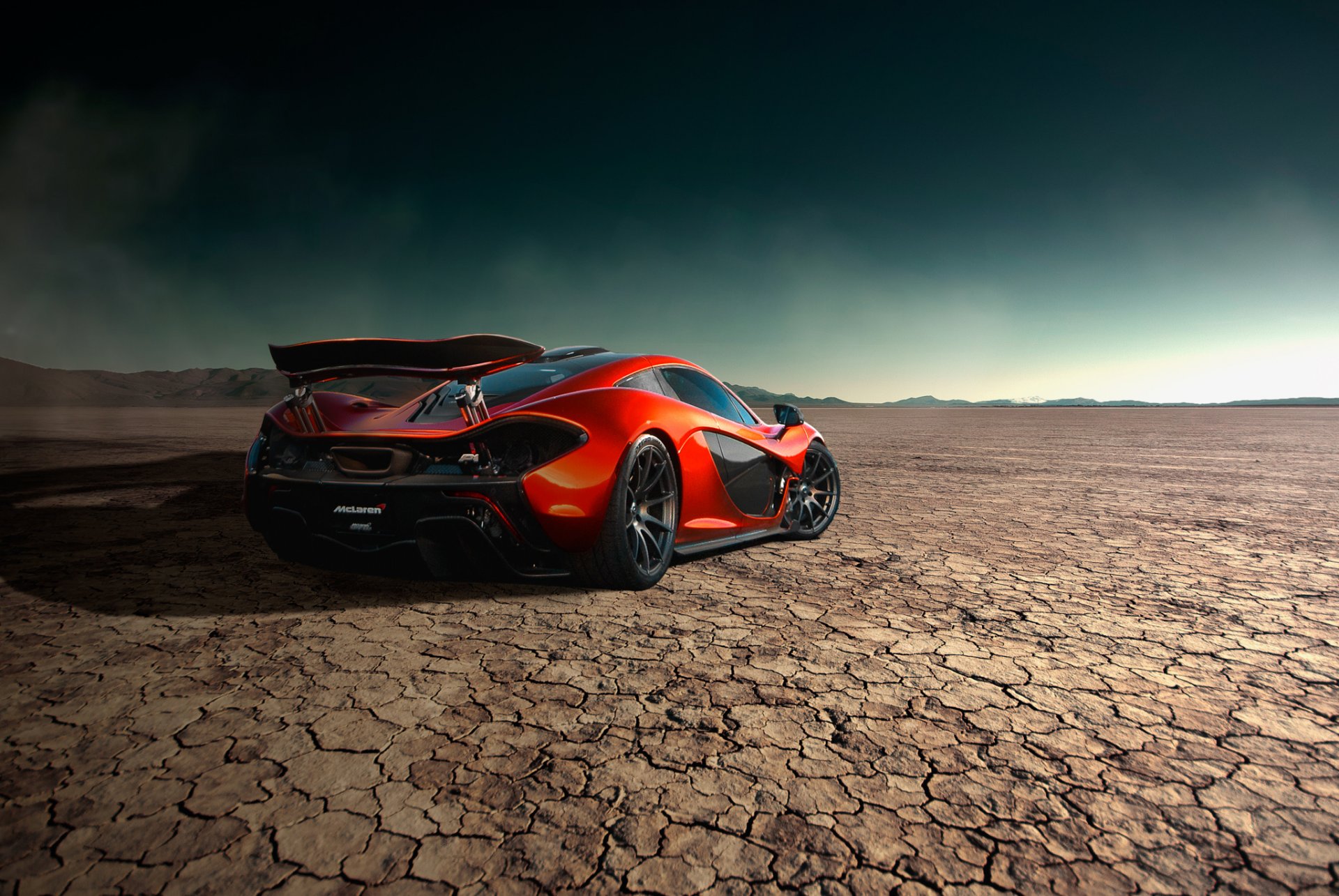 mclaren p1 orange supercar desert storm road rear