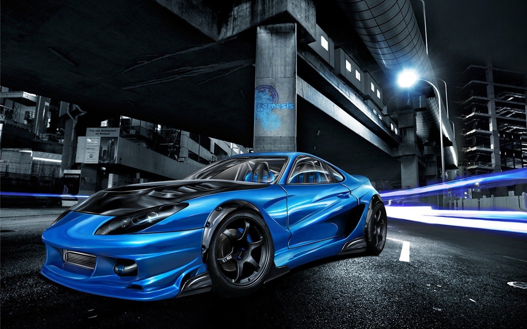 treet racing blue car night city auto sports car transport vehicles blue auto lantern the city night