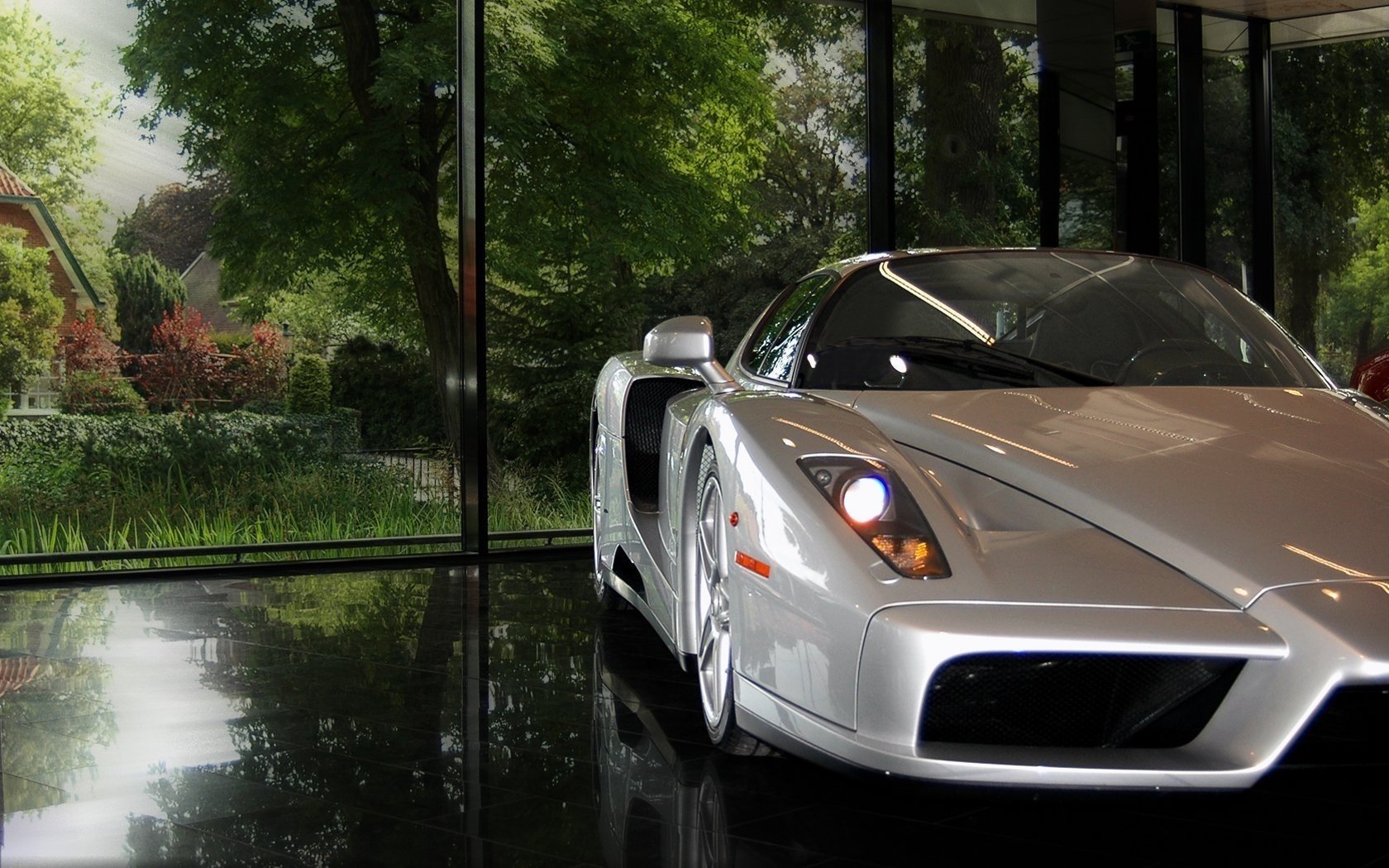 exhibition center glass salon ferrari enzo nature trees silver color sports car transport auto vehicles form style design headlight car exhibition green