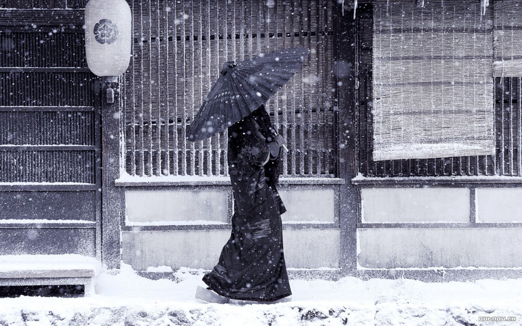 japon femme parapluie neige hiver femelle gris noir et blanc