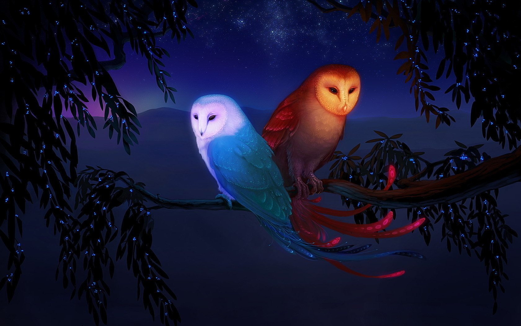 fairytale owl in the branches of trees fantasy birds elements fire water night