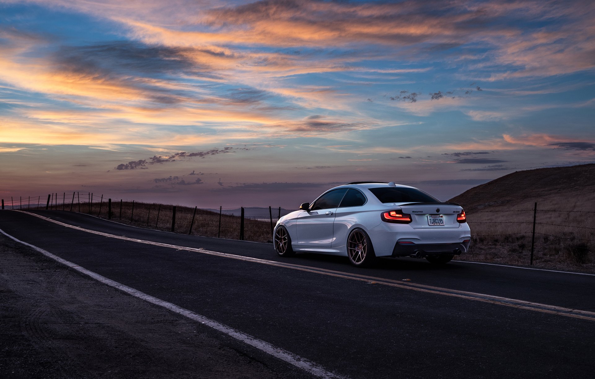 bmw m235i avant gard ruote auto montagne san jose tramonto posteriore