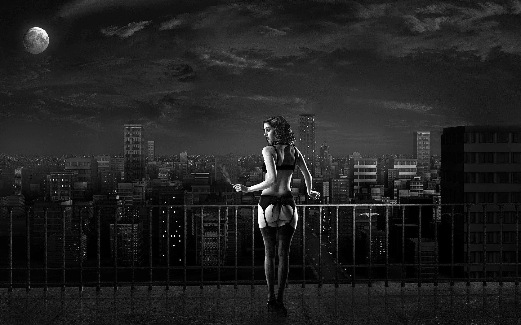 black and white drawing the moon night break the city cigarette linen girl centerfolds erotic women