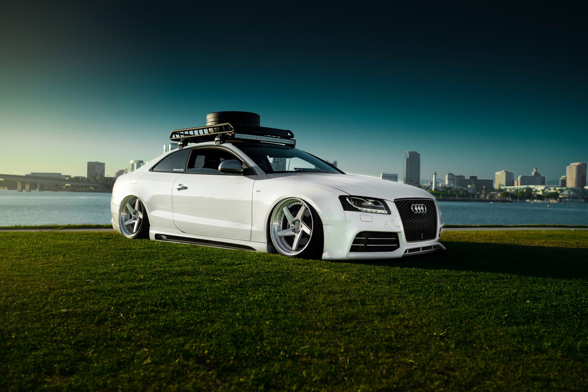 audi rs5 stancenation white grass sky car low