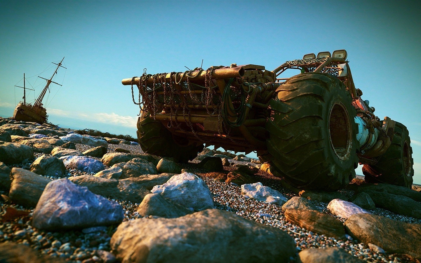 an abandoned ship bottom view stones suv coast away transport auto atvs vehicle