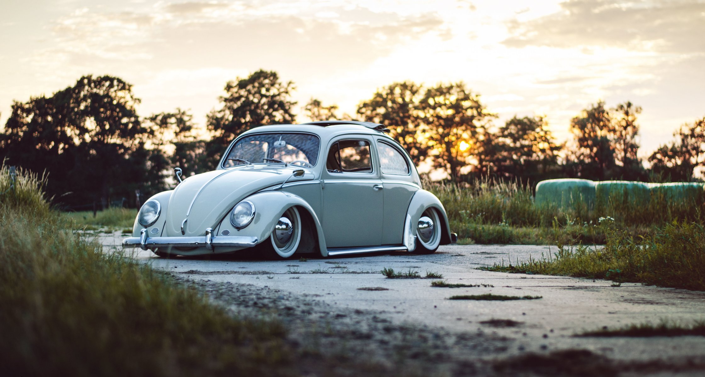 volkswagen escarabajo techo solar ruedas carretera árboles cielo puesta de sol