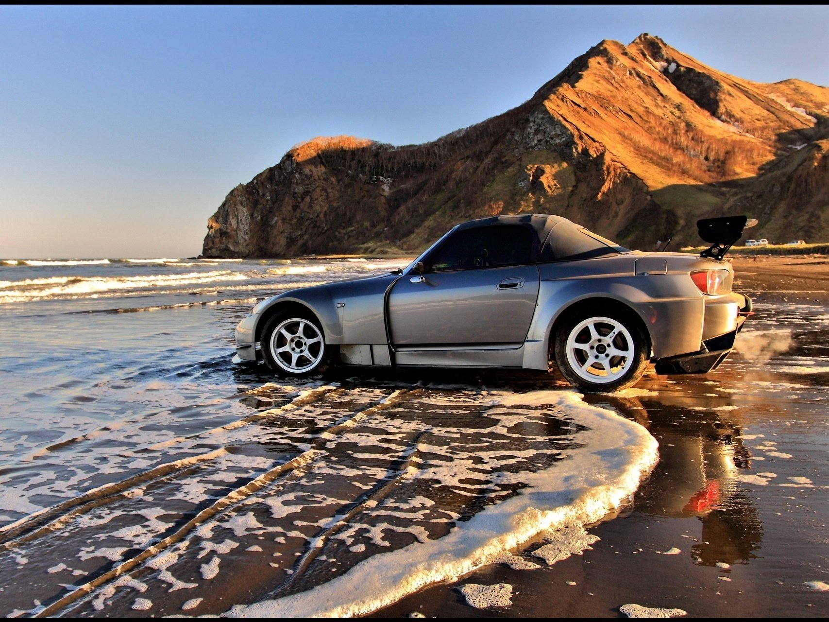 honda s2000 schaum brandung am meer felsen wellen küste auto honda profil berge auto silbernes auto transport kraftfahrzeuge meer sonnenuntergang berg silber felgen schubkarre