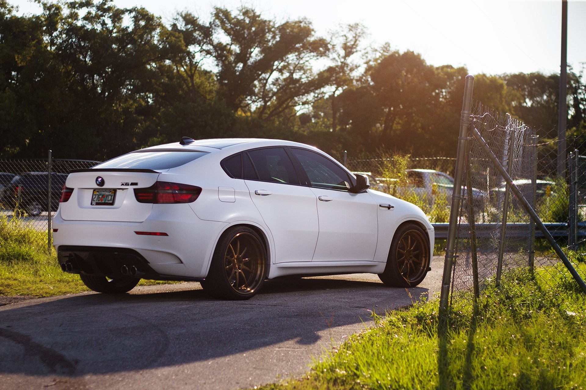 bmw x6m e71 biały bmw crossover widok z tyłu cień osłona