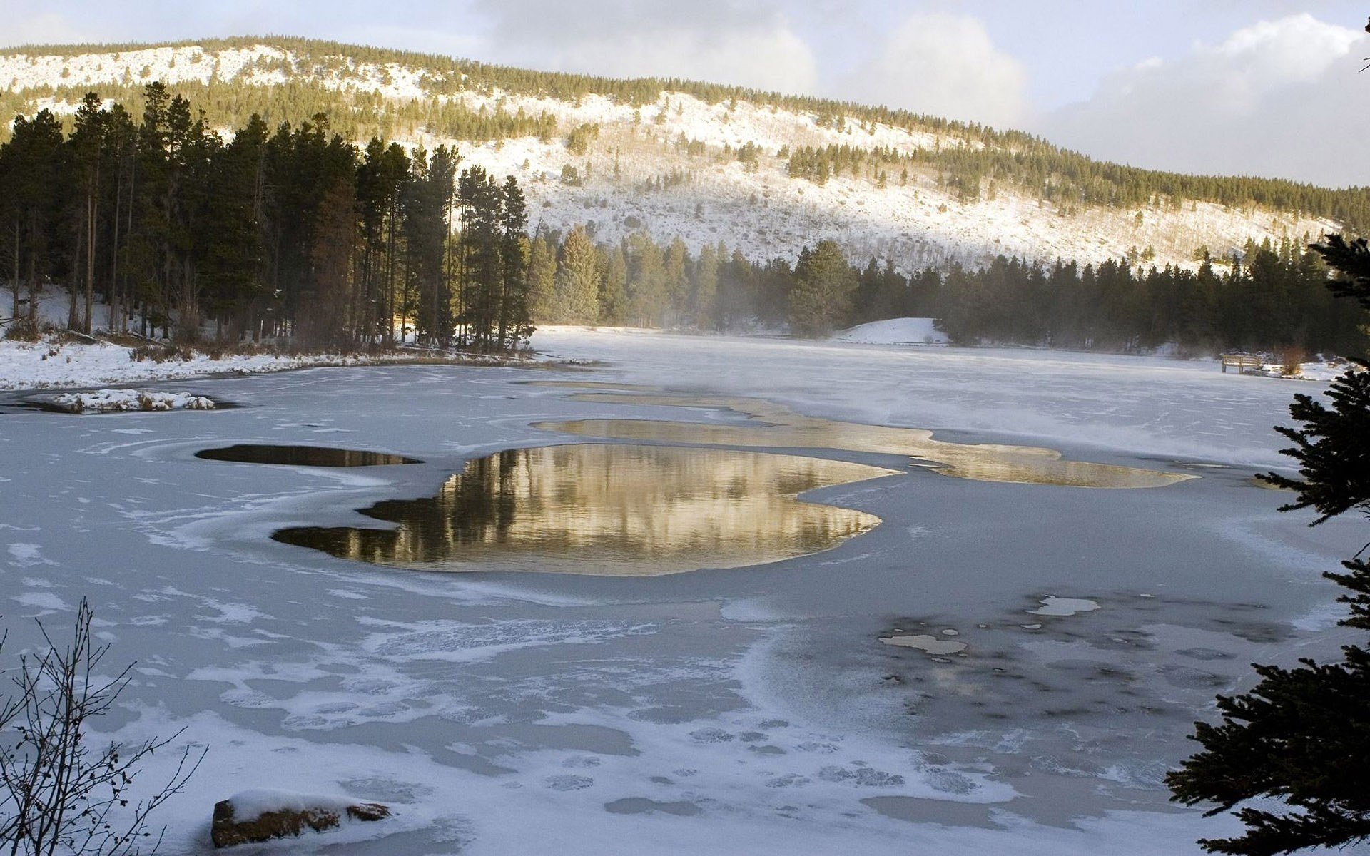 dégelé brume de nuages lac de montagne forêt hiver neige eau rivière