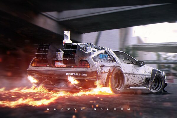 Delorian de retour du futur en feu