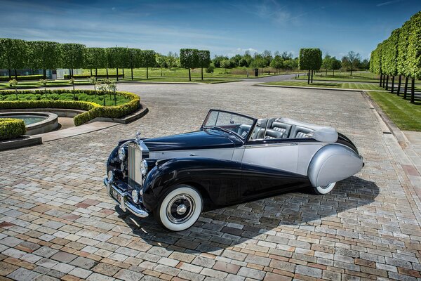 Silberner Rolls Royce im Park auf Pflastersteinen