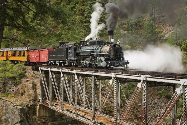 Eine Dampflokomotive fährt über eine Brücke und emittiert Dampf in der Natur zwischen den Felsen