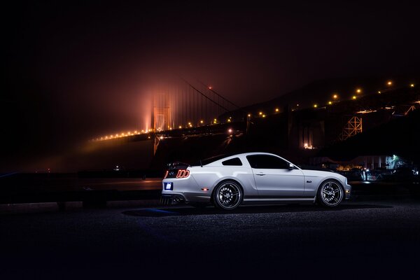 The night lights of the metropolis and the white mustang