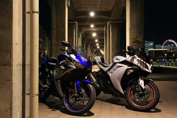 Two motorbikes on the streets of the night city