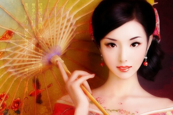 Japanese geisha with an umbrella and sakura on her chest