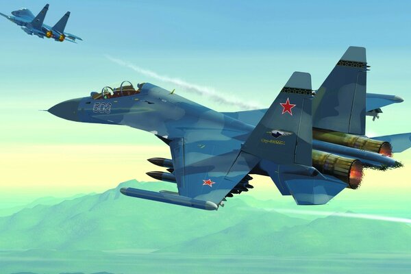 Avion commercial SU-30 MK en vol au-dessus des montagnes