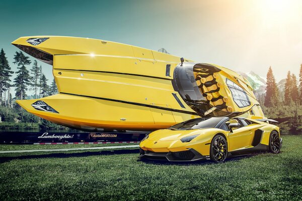 Lamborghini superdeportivo amarillo y barco