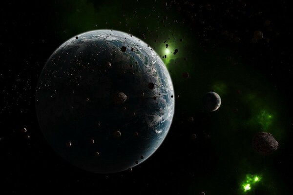 Planet Erde mit fliegenden Kameen aus dem Weltraum mit dem grünen Glanz der Sterne