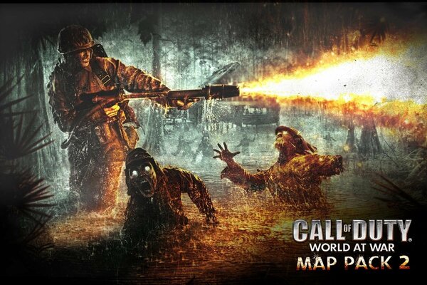 A flamethrower. War. Cal of duty. Zombie