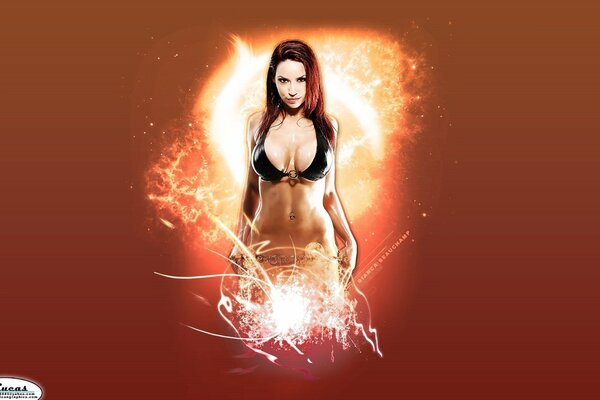Redhead girl in underwear in flame effects