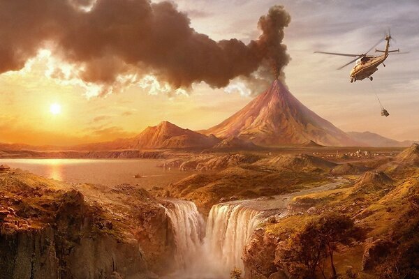 A helicopter flies over a volcano and a snowfall