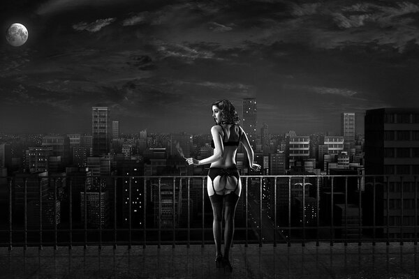 A girl under the moon in stockings and with a cigarette