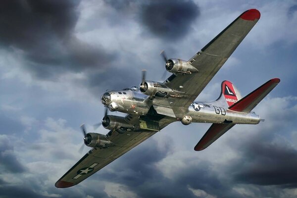 The Boeing flying fortress plane flies into a thunderstorm