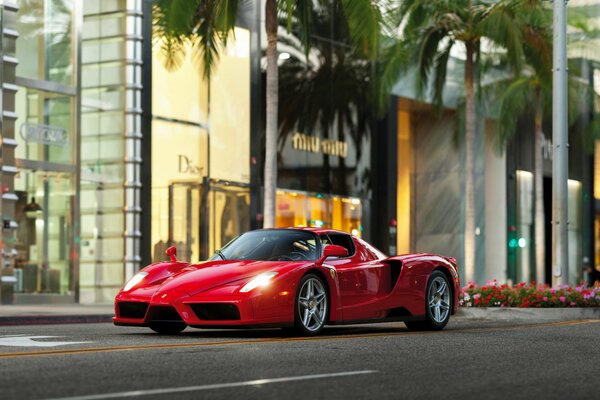 Ferrari on the street near boutiques