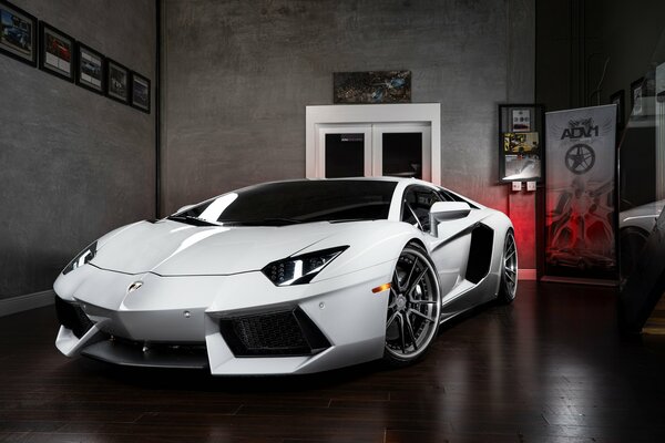 Lamborghini Aventador at night against a gray wall