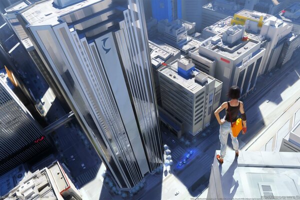 Chica de pie en el borde del techo de un rascacielos