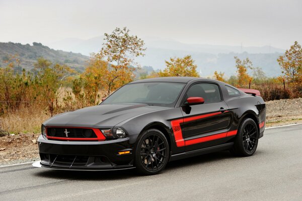 Ford Mustang negro con Tuning rojo, vista frontal, pista escénica